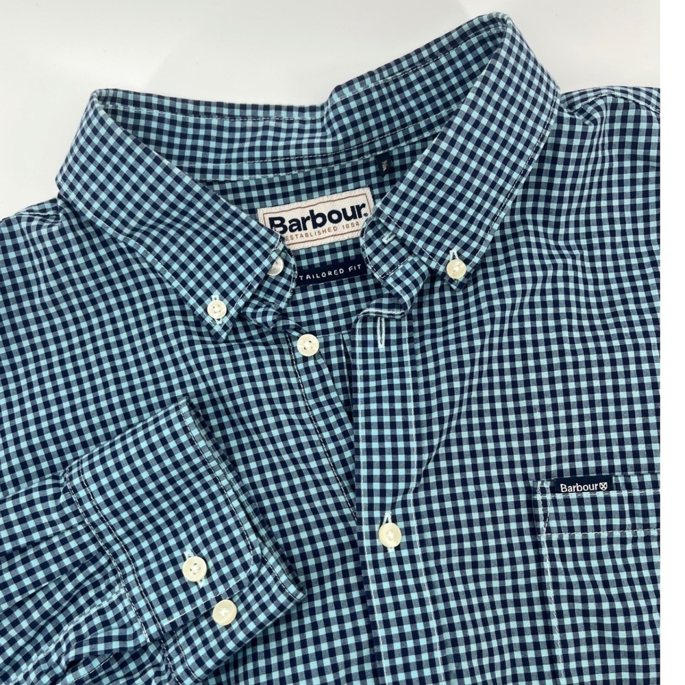 Barbour Button Down Shirt Mens XL Blue Gingham Tailored Fit Long Sleeve